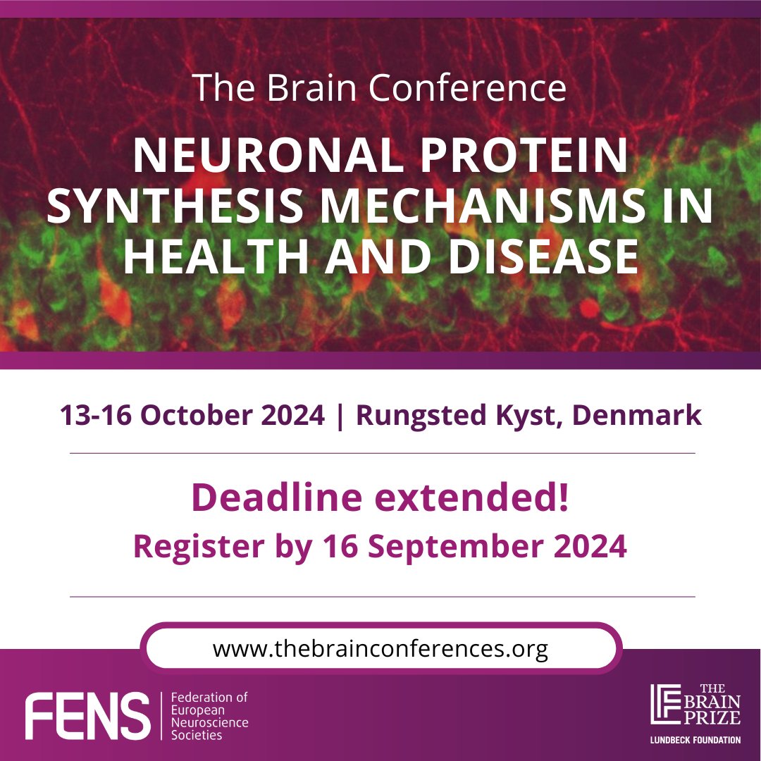 FENS (@fensorg) on Twitter photo ⏰ Only a few days left! Register now for the October #BrainConference! 🤩
🇩🇰 Join us in Denmark to find out more on #protein synthesis and meet other researchers!
🔗 Learn more at: loom.ly/xdcmHRQ
Supported by #FENS and <a href="/lundbeckfonden/">Lundbeckfonden</a>
<a href="/erin_schuman/">Erin schuman</a> ⏰ Only a few days left! Register now for the October #BrainConference! 🤩
🇩🇰 Join us in Denmark to find out more on #protein synthesis and meet other researchers!
🔗 Learn more at: loom.ly/xdcmHRQ
Supported by #FENS and <a href="/lundbeckfonden/">Lundbeckfonden</a>
<a href="/erin_schuman/">Erin schuman</a>