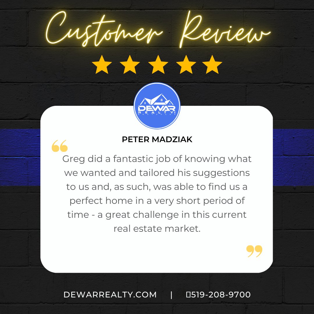 DewarRealty's tweet photo. ⭐⭐⭐⭐⭐
"Greg did a fantastic job of knowing what we wanted and tailored his suggestions to us..."

https://t.co/7RMXD5ZrrR 📞519-208-9700

🤩#GoogleReview #5StarExperience 
#DewarRealty #Realtor #Cambridge #RealEstate #HappyCustomer #WorkWithDewar https://t.co/pyTAxcwZVZ