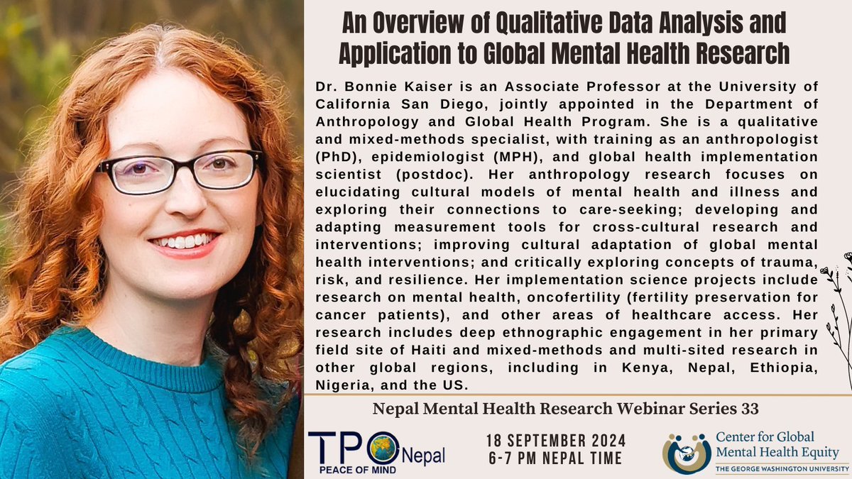 Meet our speaker for the 33rd NMHRN webinar series, Dr. Bonnie Kaiser.👇

One week to go!⌛️ 

Register here: forms.gle/KUT9eZLJp5M2kq…… #mhrnwebinar #tponepal #webinarseries #mentalhealthwebinars #RESHAPE #capacitybuilding