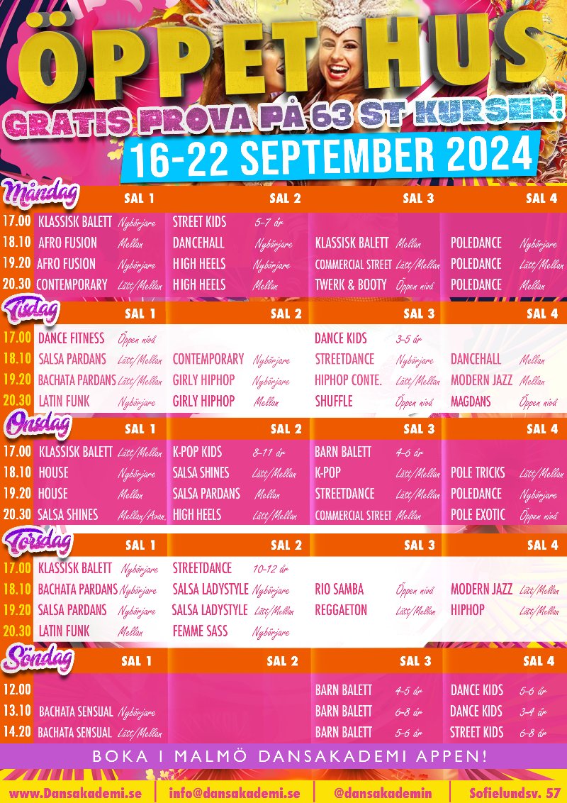 Dansakademin's tweet photo. Gratis prova på 63 kurser nästa vecka! 😍💃
Öppet hus på Skånes största dansskola 16-22 september!
https://t.co/G2shRV2F8d https://t.co/0ltgkCtS5w
