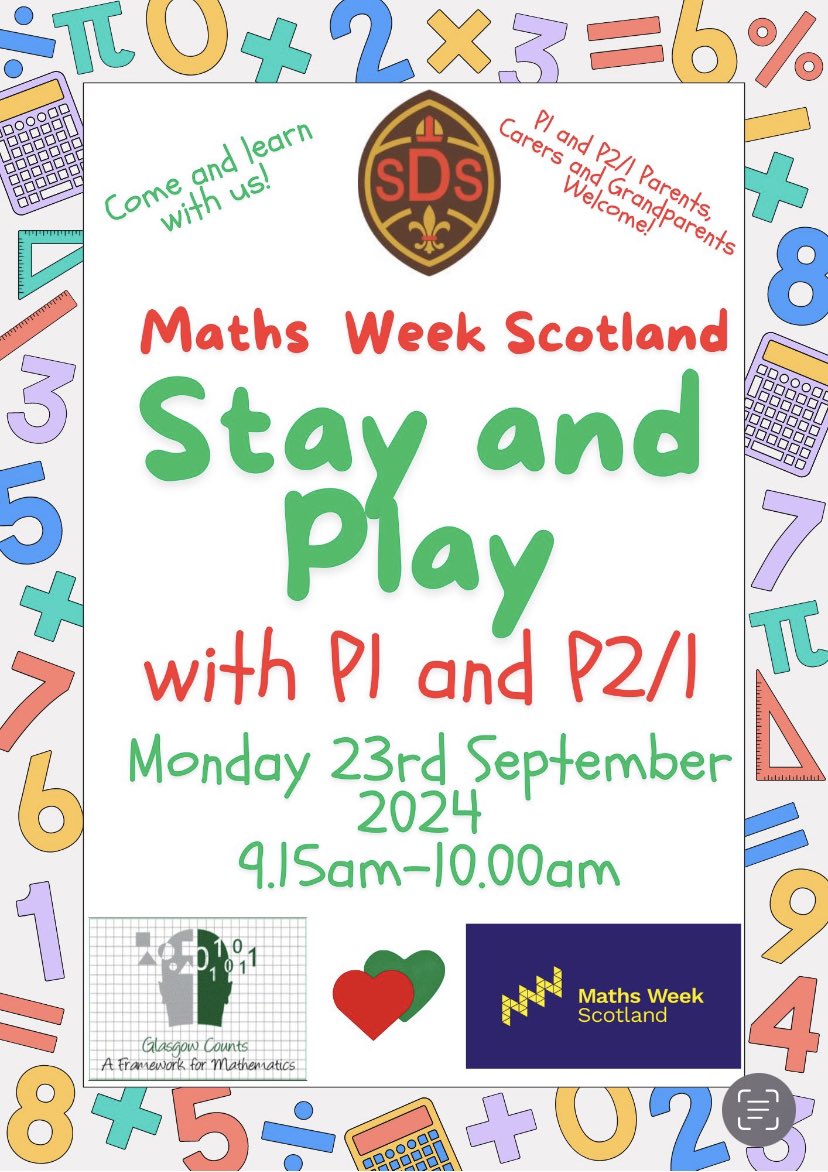 News just in: Following the success of this morning’s P1 and P2/1 Literacy themed Stay and Play, P1 and P2/1 would like to welcome families to a Numeracy themed Stay and Play on Monday 23rd September from 9.15-10.00am. This event is part of #MathsWeekScotland ❤️💚
