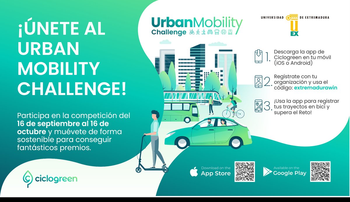 CUMe_UEx's tweet image. 📢 A la comunidad universitaria:
La @infouex celebra la #SemanaEuropeaDeLaMovilidad con el “Urban Mobility Challenge” del 16/09 al 16/10🚴‍♂️@CUMe_UE🚶‍♀️Hay 🎁 ¡Participa descargando la app de Ciclogreen y usa el código extremadurawin 📲
@CUMe_UEx #CatedraCiberseguridad #CiberCUMe