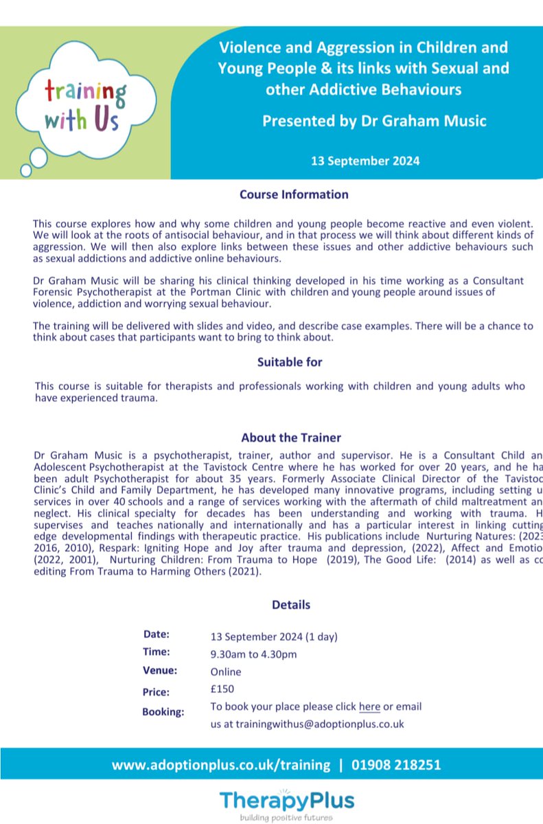 hi. I am doing a training on Violence and Aggression (including sexual)  in young people on Friday for adoption plus. It will be small and intimate, so do sign up if it is of interest, details to sign up here zurl.co/Ba4V