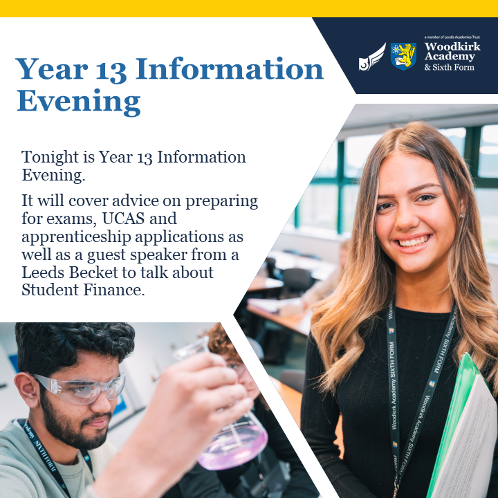 Tonight at Woodkirk Academy Sixth Form 6:30 - 7:30pm!

#woodkirkacademy #woodkirkacademysixthform
