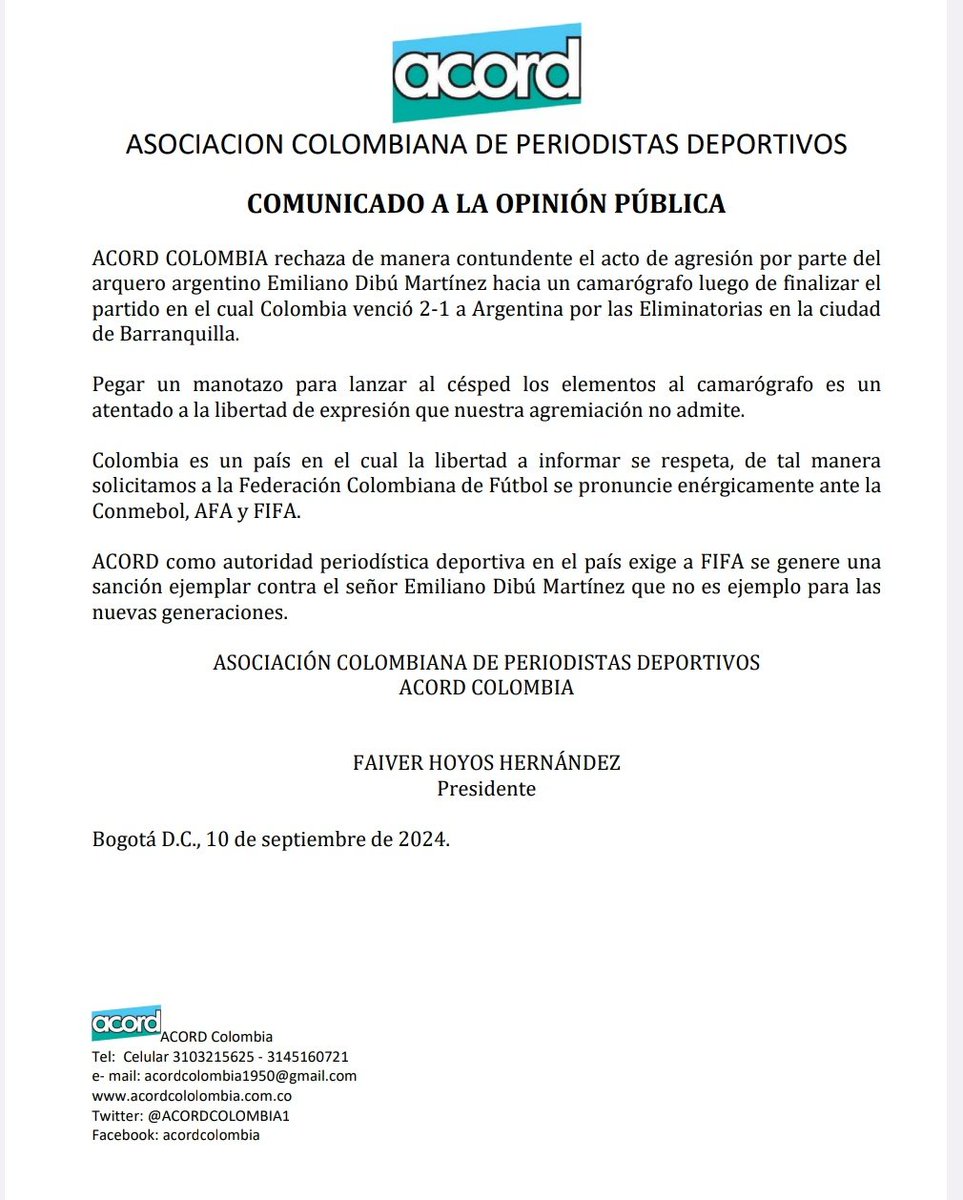 ACORDCOLOMBIA1's tweet photo. ACORD COLOMBIA rechaza de manera contundente el acto de agresión por parte de Emiliano Martínez portero de la selección argentina hacia un camarógrafo al finalizar el partido por eliminatorias en Barranquilla. CC @CONMEBOL @FIFAcom @AIPSmedia @aips_america @FCFSeleccionCol https://t.co/z1nQXiJkDE