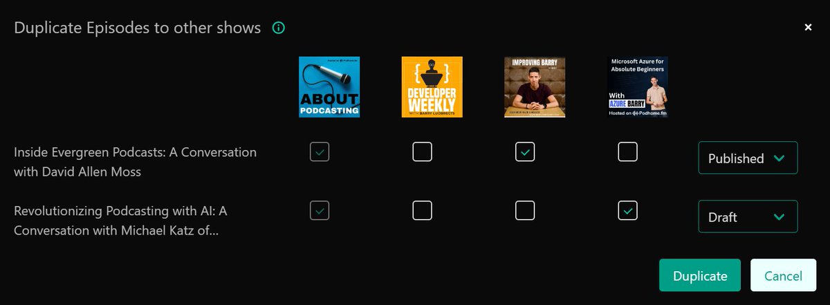 Podhomefm's tweet photo. We just released 2 nice upgrades:
1️⃣ You can now see the performance of your episodes over their first 24hrs and 7, 30, 90 and 180 days

2️⃣ You can duplicate episodes to other shows you have access to. We copy everything related to the episode, like transcripts, clips, people, chapters and more

2️⃣🅰️ In analytics, you can see how the duplicated episodes do across your podcasts

Go check out your analytics now!

Not using the most modern #podcast #hosting platform yet? Sign up for a 30-day free trial at https://t.co/R0RGEgrmaQ