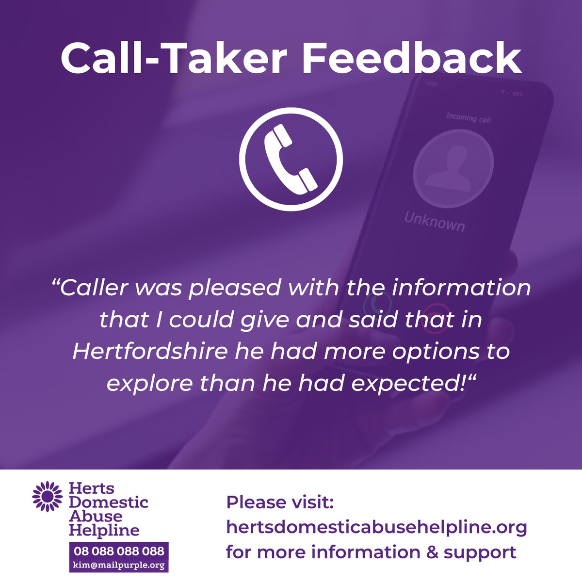 We love sharing our anonymous call-taker feedback - our helpline really does have a huge impact on the people of Hertfordshire and beyond 💜

#calltaker #helpline #hertsdomesticabusehelpline #hdah #domesticabuseawareness #DomesticViolence #domesticabuse #localcharity