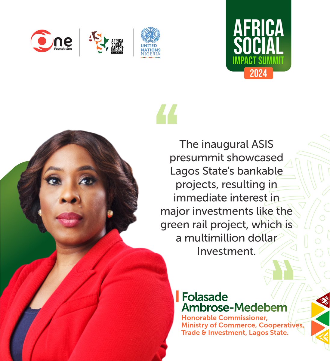 Folasade Ambrose-Medebem, Honourable Commissioner, Ministry of Commerce, Cooperatives, Trade, and Investment (MCCTI), highlighted Lagos’ green rail project at ASIS 2024 as a transformative step toward sustainable urban growth.

#ASIS2024 #SustainableDevelopment #Partnerships