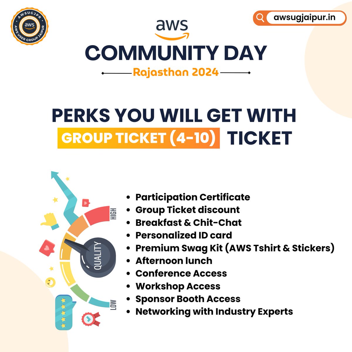 awsugjaipur's tweet photo. π Group Tickets for AWS Community Day Rajasthan 2024! πGet exclusive perks with group tickets at discounted pricing
π
Oct 5th, 2024
π Hotel Jaipur Heritage
π Get yours: https://t.co/UqIkxEhYgF
#AWSCommunityDay #acdr24 #aws #rajasthan #GroupTickets #Networking https://t.co/KIR5vBtMUa