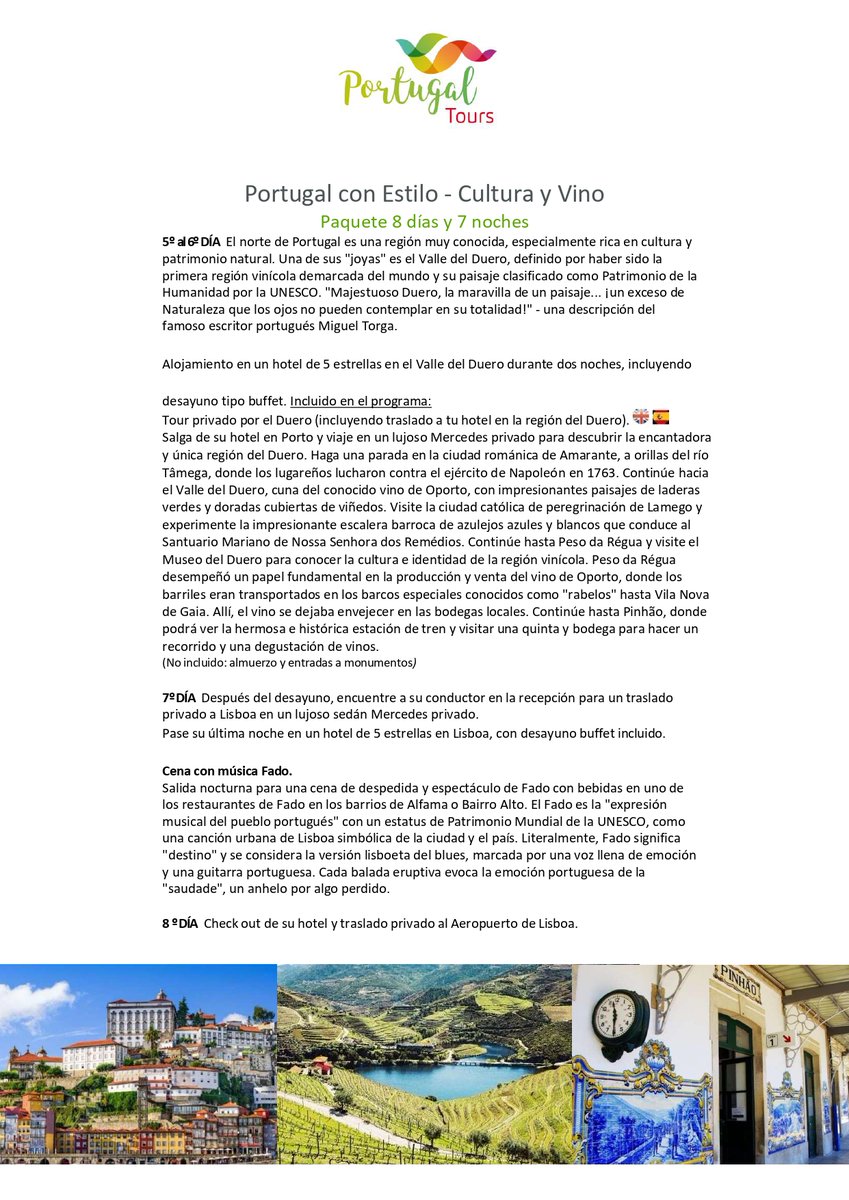 CIRCUITOS PORTUGAL CON ESTILO-CULTURA Y VINO
Lisboa es un destino de ensueño para los amantes de la comida y el vino, ya que ofrece desde cocina tradicional portuguesa hasta alta cocina. La música fado forma parte del Patrimonio Cultural Inmaterial de la Humanidad de la UNESCO.