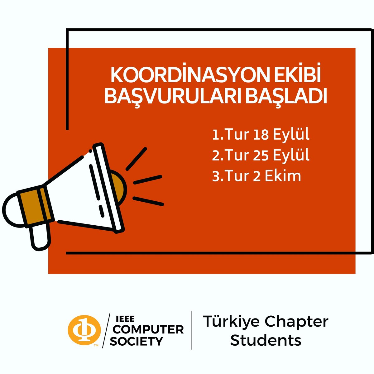 ieeecstrsac's tweet photo. KOORDİNASYON EKİBİ BAŞVURULARI BAŞLADI!

IEEE Computer Society Türkiye Öğrenci Aktiviteleri Komitesine katkıda bulunmak isteyen herkesin başvurularını bekliyoruz!

Pozisyon detayları formda mevcuttur.

Başvuru Formu:
https://t.co/MQhAMHsiLc

İletişim: ieeecstrsac@gmail.com https://t.co/OUPUIeTwXw