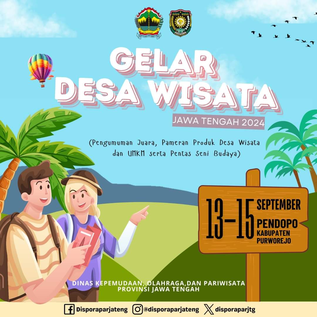 budparekrafjtg's tweet photo. Hadiri &amp; Saksikan Gelar Desa Wisata Jawa Tengah (Pengumuman Juara, Pameran Produk UMKM dan Desa Wisata serta Pentas Seni Budaya) pada Jumat - Minggu 13- 15 Sept 2024 di Pendopo Kabupaten Purworejo #GelarDesaWisata2024 #DiJatengAja #Purworejo https://t.co/g0V3eHOVZx