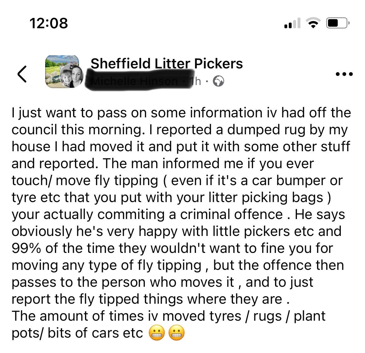 Dear ⁦⁦<a href="/sccstreetsahead/">Streets Ahead</a>⁩ , I have just seen this post on the Sheffield Litter Pickers FB group. Please could you confirm that if we move fly-tipped items to a different location and report it for collection, we would be committing a  criminal offence 🤔. Thanks