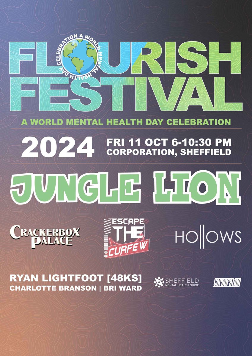 *Flourish Festival Fundraiser*
📅Fri 11th Oct
🕧6-10:30pm
📍Corporation, 2 Milton Street, S1 4JU
🎟️corporation.org.uk/event/flourish…
Great line-up featuring:
* <a href="/JUNGLE_LION_SKA/">JUNGLE LION</a> 
* <a href="/Crackerboxband/">Crackerbox Palace</a> 
* Escape The Curfew
* <a href="/HollowsUk/">Ho||ows</a>
* Ryan Lightfoot
* Charlotte Branson
* Bri Ward