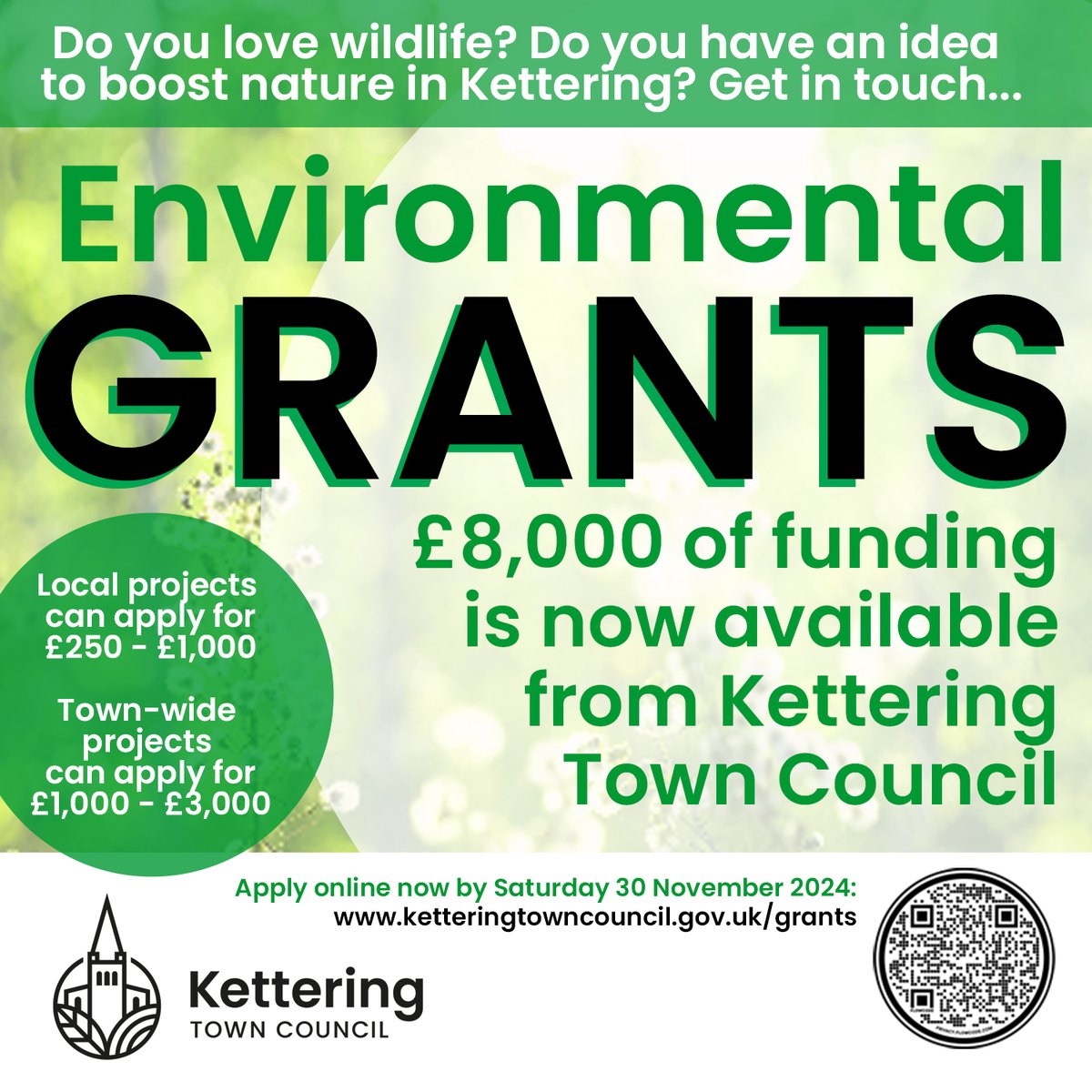 💡Do you have an idea for a project to boost nature in Kettering?
🌳Applications for our environmental grants are now open! 
🌼We have a pot of £8,000 to give out to local projects that boost biodiversity and support wildlife in Kettering.
🐞ketteringtowncouncil.gov.uk/grants