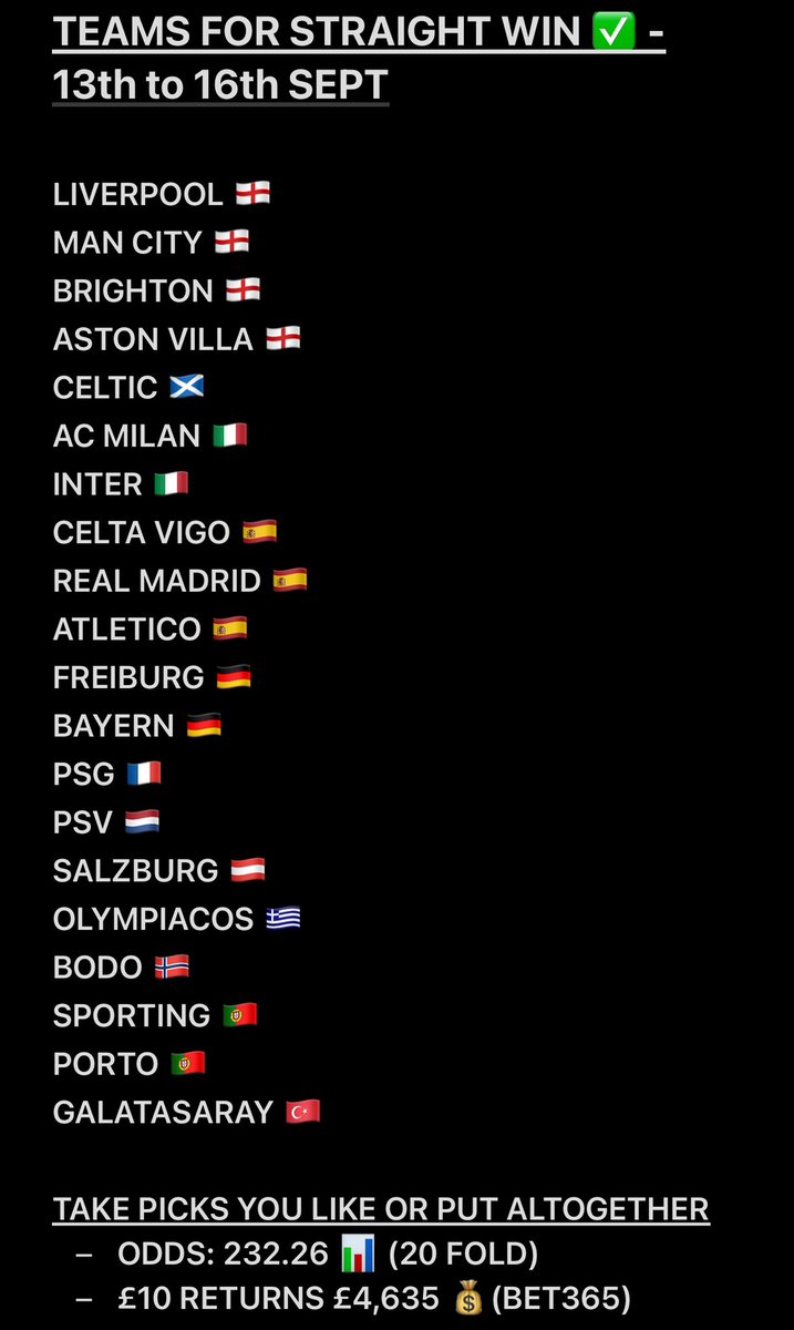 TEAMS TO PICK TO WIN THIS WEEKEND! ✅

IF WE GO 20/20 IN PICKS✅ , I’LL GIVEAWAY £500 TO TWO PEOPLE WHO LIKE ❤️ THIS!

(Join my FREE Tele channel for an EXCLUSIVE £1,253 longshot 🤑 Check it out in the replies! ⬇️)