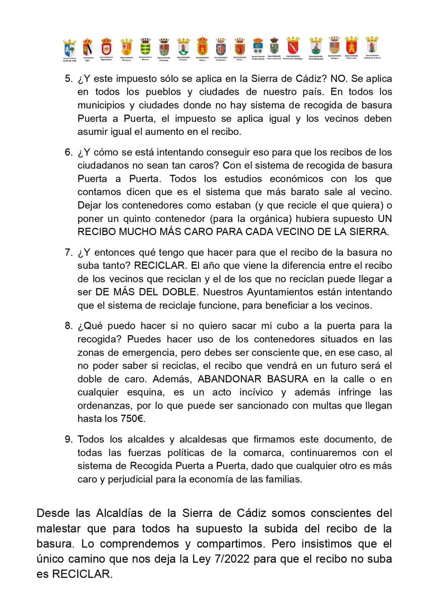 INFORMACIÓN IMPORTANTE PARA LA CIUDADANÍA.-

Desde el Ayuntamiento de Setenil de las Bodegas, se hace público el COMUNICADO CONJUNTO de todas las Alcaldías de la comarca de la Sierra de Cádiz sobre el sistema de reciclaje Puerta a Puerta y la subida del precio de la basura.