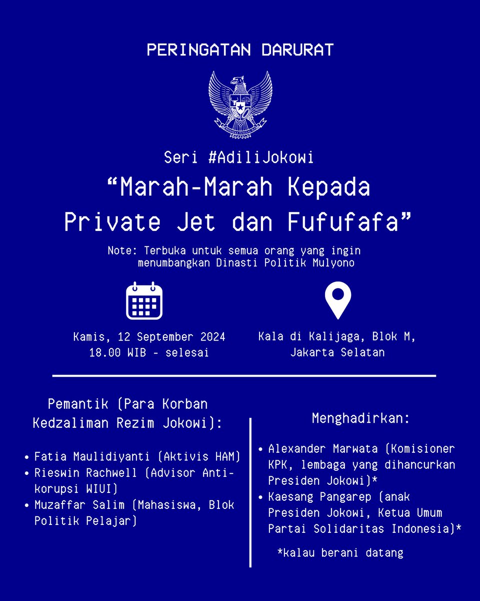 *Publik Tantang Kaesang Bicara Dalam Forum Terbuka*

Kontroversi dinasti politik Joko Widodo masih terus berlanjut. Publik hingga hari ini terus membicarakan penggunaan jet pribadi oleh anak dan menantu Joko Widodo.
#AdiliJokowi #Fufufafa #Kaesang #PeringatanDarurat #Gibran

Utas