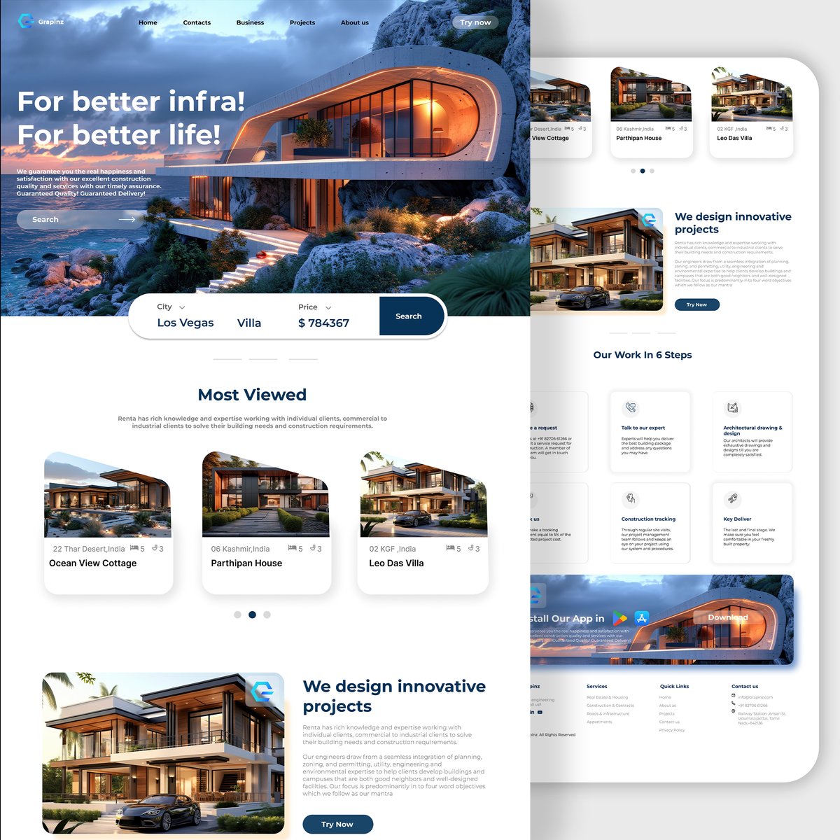 grapinz's tweet image. 🏗️ Innovating Infrastructure with Grapinz! 🌍🌟 Key Highlights: 1️⃣ Customized solutions for unique locations 🏡 2️⃣ Guaranteed quality &amp;amp; timely delivery ⏳ 3️⃣ Exceptional design that harmonizes with nature🌿#GrapinzProjects #LuxuryLiving #ArchitecturalDesign #Infrastructure #uiux