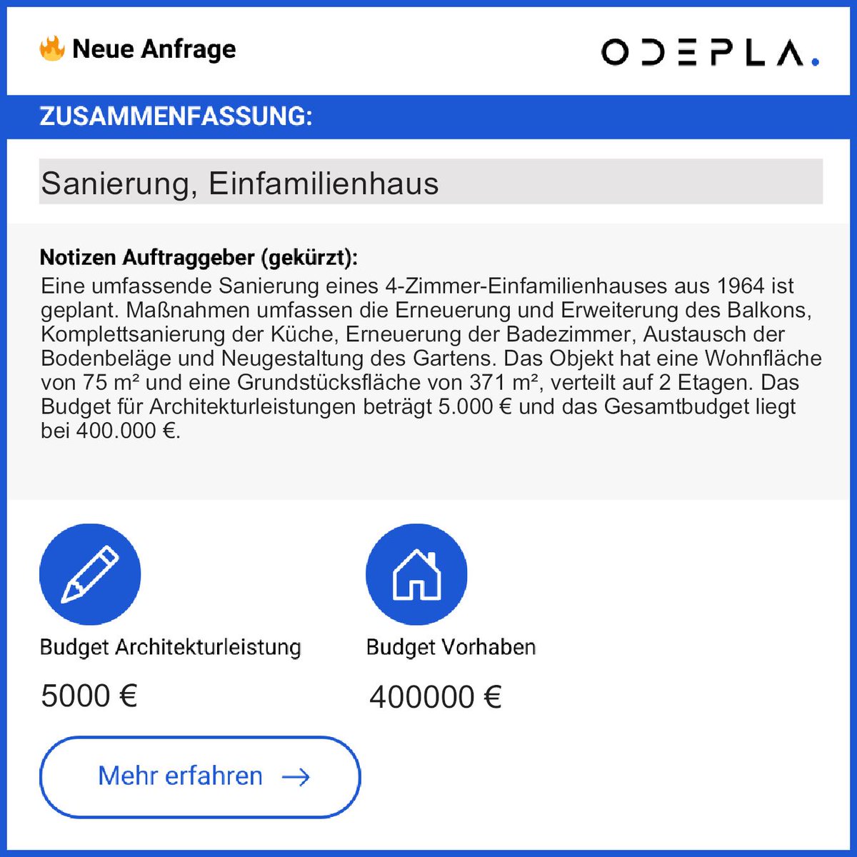 Umfassende Sanierung eines 4-Zimmer-Hauses (1964): Balkon erweitern, Küche &amp; Bad sanieren, Bodenbeläge austauschen, Garten neu gestalten. Wohnfläche: 75 m² | Grundstück: 371 m² | Budget: 400.000 €.