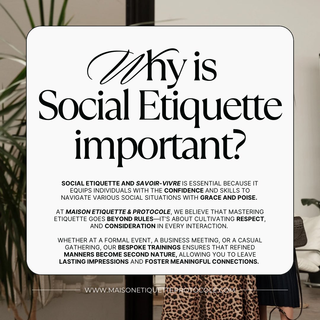 MaisonEtiquette's tweet photo. Elevate your presence and unlock the power of true elegance with the timeless principles of etiquette at Maison Etiquette &amp; Protocole! 💎✨

Kindly contact us for more details – we would be delighted to assist you! 
📞 +971504402683
💬 +212664373367

#maisonetiquetteprotocole https://t.co/8HDTXCLPyA