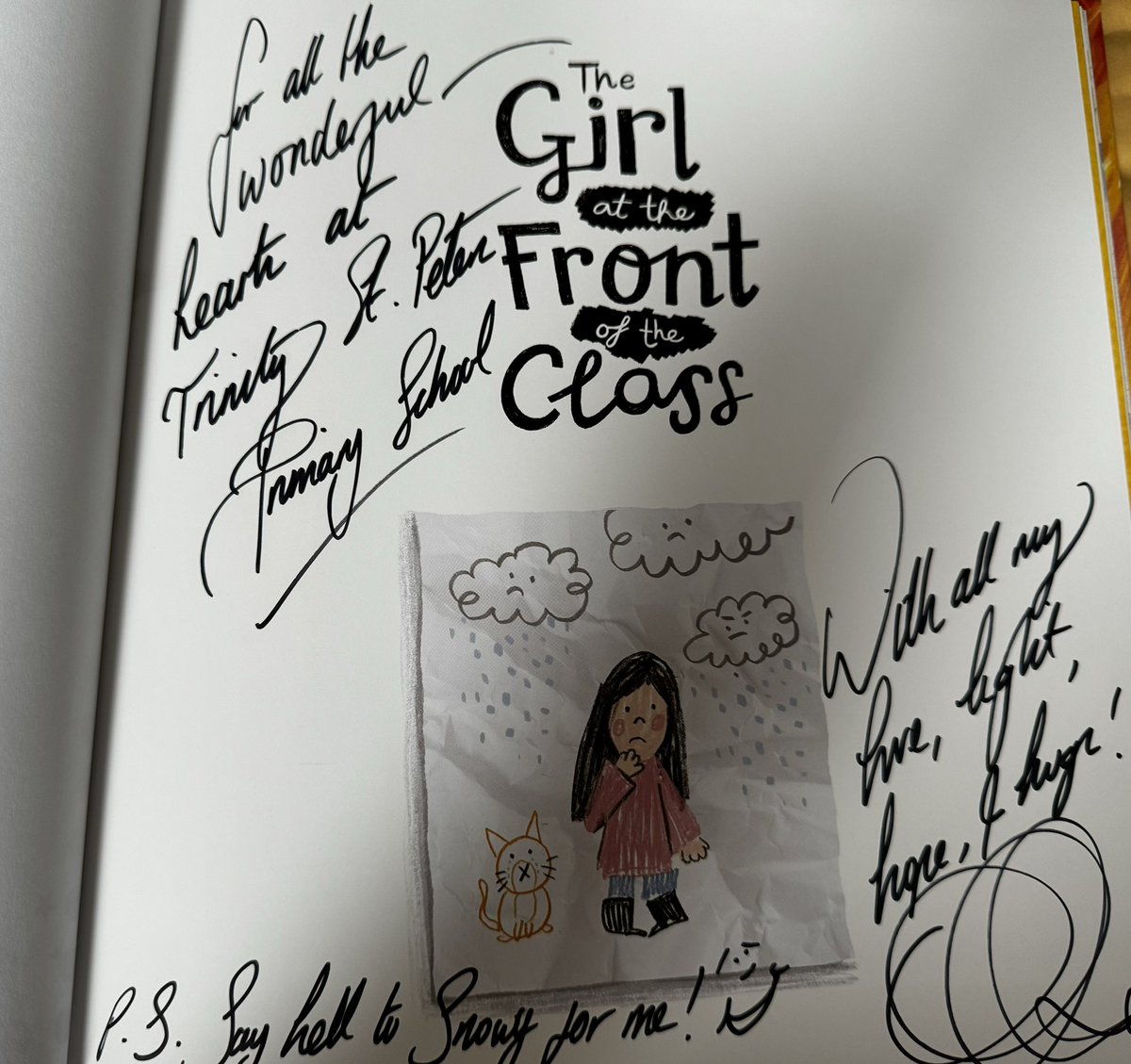 Year6TSP's tweet image. We are so excited and grateful to have received a signed copy of @OnjaliRauf brand new book, ‘The Girl at the Front of the Class’. A stunning picture book with an important message for us all. Watch this space for our writing linked to this book, later on this week! #TSPReading