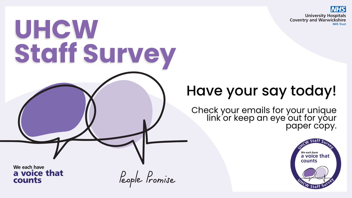 It's that time again...

The Staff Survey launches today and staff across UHCW will start to receive their unique link to have their view, good or bad we want to hear from you!🗣️

Have your say today! #NHSStaffSurvey #NSS2024 #YourVoiceCounts