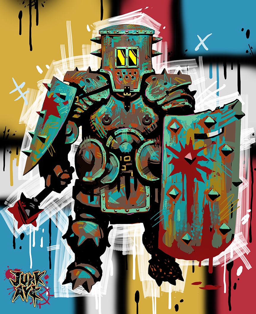 He’s the Shieldman! No attack can get past him, and with one swing of his shield, he knocks his enemies out cold!

#characterconceptdesign #shieldman #gamecharacterconcept #gamecharacterart #indiegamecharacter #mondrianart #rustyarmor #indiegamedev #junkark #burningbone