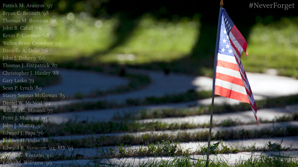 We reflect &amp; remember the 22 <a href="/BCAlumni/">BC Alumni</a> killed on Sept. 11, 2001. Our memorial labyrinth's outer ring bears their names and has become a place of healing, consolation, and peace. bc.edu/labyrinth