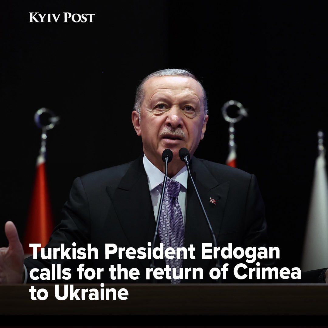 KyivPost's tweet photo. Turkish President Erdogan calls for the return of Crimea to Ukraine.

“Turkey's support for Ukraine's territorial integrity, sovereignty, and independence remains unwavering.”

“The return of Crimea to Ukraine is a requirement of international law,” he stressed. https://t.co/uMqNsNjii9