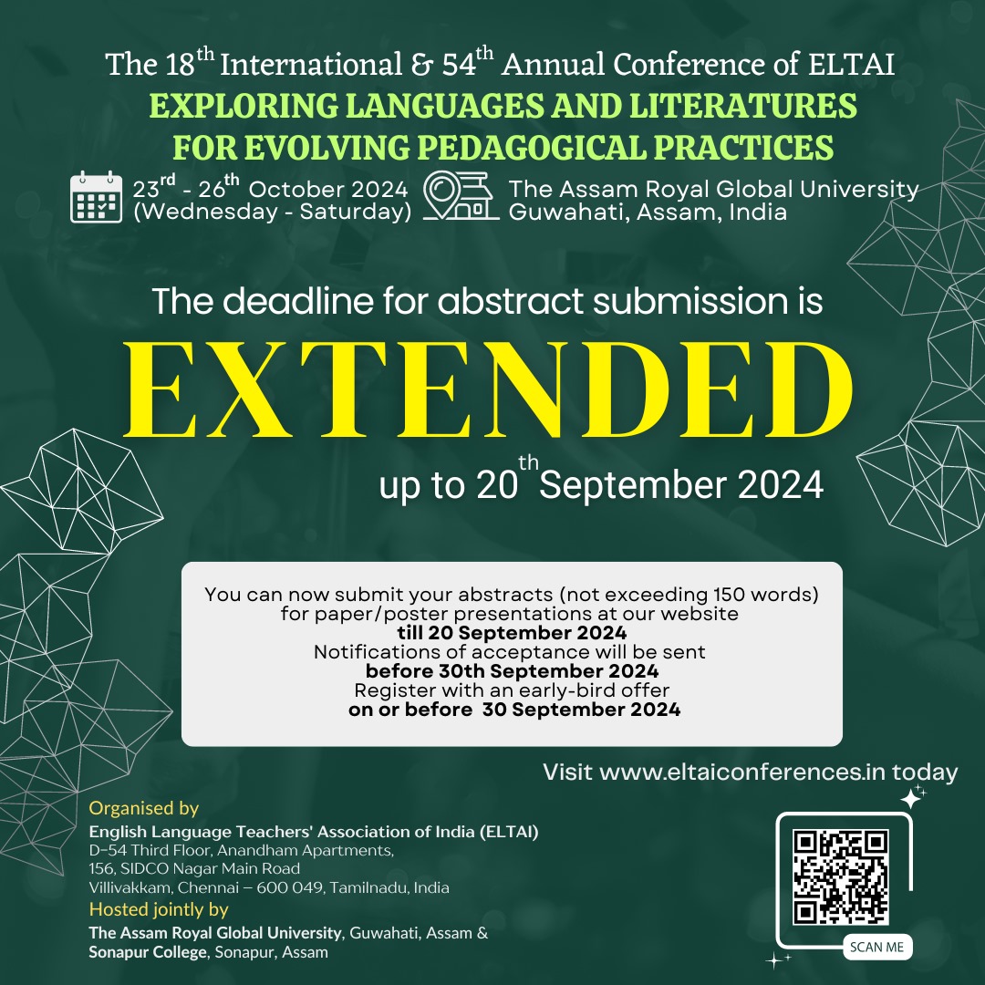 🌟 Exciting News: Extended Deadline for ELTAI Conference 2024! 🌟
📅 New Deadline for Abstract Submission: 20 September 2024
📝 Submit your abstracts (max 150 words) for paper/poster presentations on our website. Acceptance notifications will be sent by 30 September 2024.