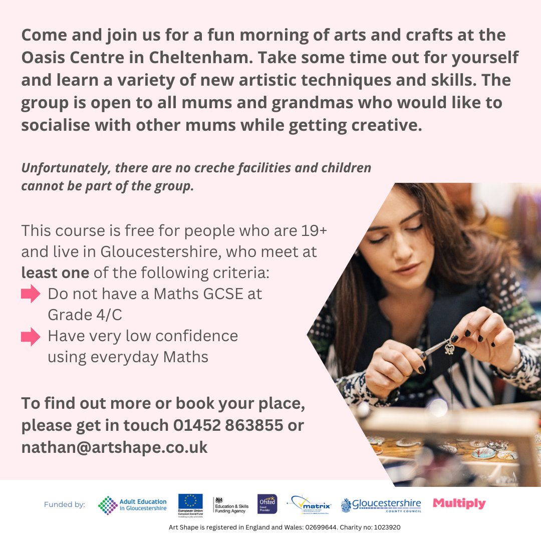 Art Shape (@artshape) on Twitter photo Come and join us for a fun morning of arts and crafts at the Oasis Centre in Cheltenham.
Book your place, please get in touch 01452 863855 or email nathan@artshape.co.uk
#CreativeMums #TimeForMe #ArtShape #Parenting #Creativity Come and join us for a fun morning of arts and crafts at the Oasis Centre in Cheltenham.
Book your place, please get in touch 01452 863855 or email nathan@artshape.co.uk
#CreativeMums #TimeForMe #ArtShape #Parenting #Creativity