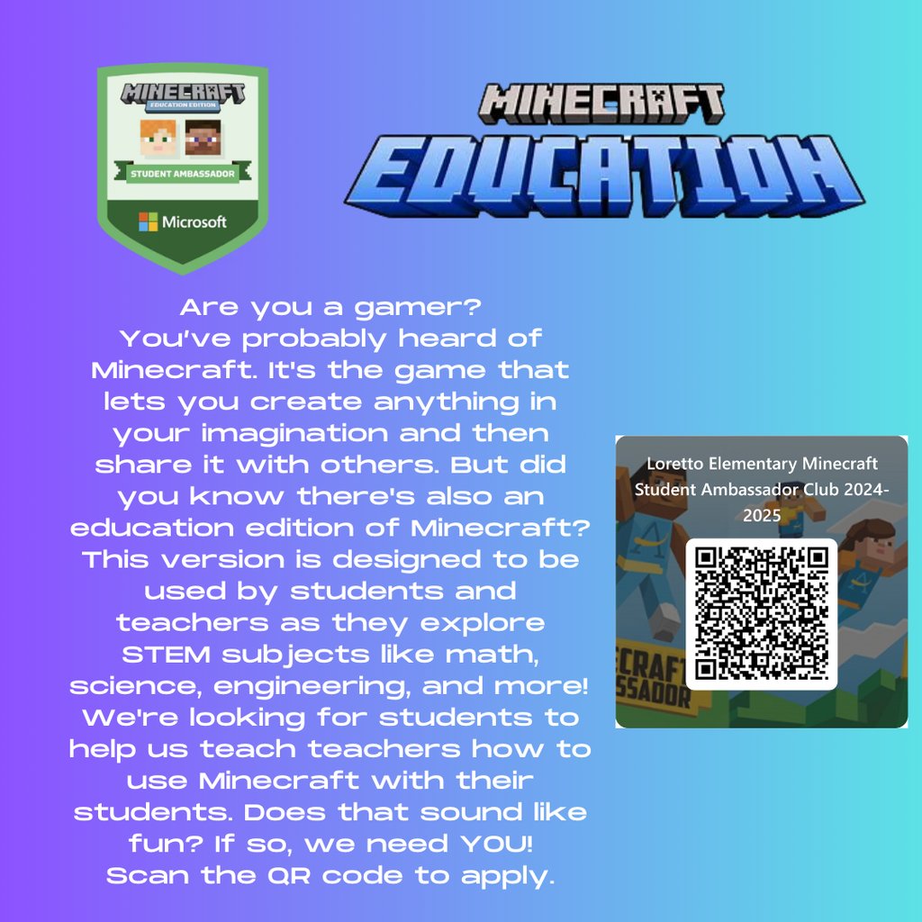Today is the LAST DAY to apply for the Minecraft Student Ambassador Club. 
forms.office.com/r/W6jse8stFJ