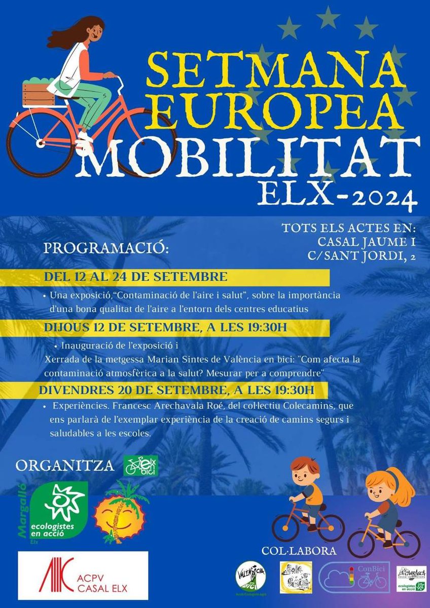valenciaenbici's tweet photo. Aquesta Setmana Europea de la Mobilitat #SEM col·laborem amb les companyes de @Margallo_Elx.

ℹ️Demà dijous: xerrada de @Maradins per parlar de com afecta la contaminació de l'aire a la salut.

Al cartell hi trobareu tota la informació de les activitats.

🚲❤️🌍 https://t.co/YHN2wvU8Zh