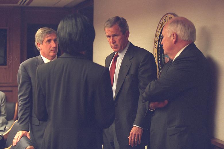 President George Bush, Vice President Dick Cheney and senior staff in the President's Emergency Operations Center in the White House.
