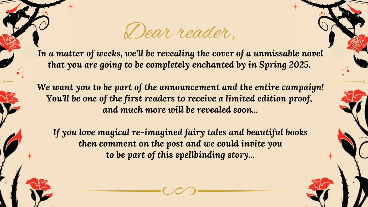 TransworldBooks's tweet photo. Something spellbinding is coming your way...💫

Do you love magical reimagined fairy-tales and beautiful books? Would you like to be one of the first readers of 2025's most enchanting novel and get involved in a very special campaign?

#Booktwitter, if this sounds like you, then comment below!