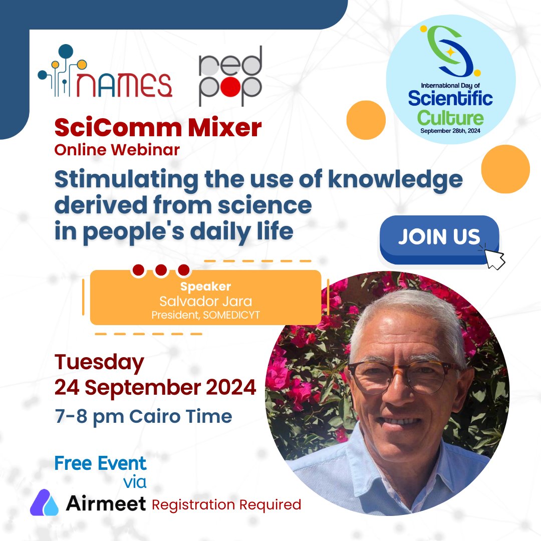 NAMESnetwork's tweet photo. Meet Dr. Salvador Jara Guerrero: A Pioneer in Science Education!
A renowned Mexican scholar dedicated to making science accessible & engaging.
A FREE webinar on Tue, 24 Sep, at 7 PM Cairo Time:
https://t.co/GEXd5VKvUX
#NAMESnetwork #RedPop #SciComm #IDSC2024 #ScienceForSociety https://t.co/o8z6tmTc0z
