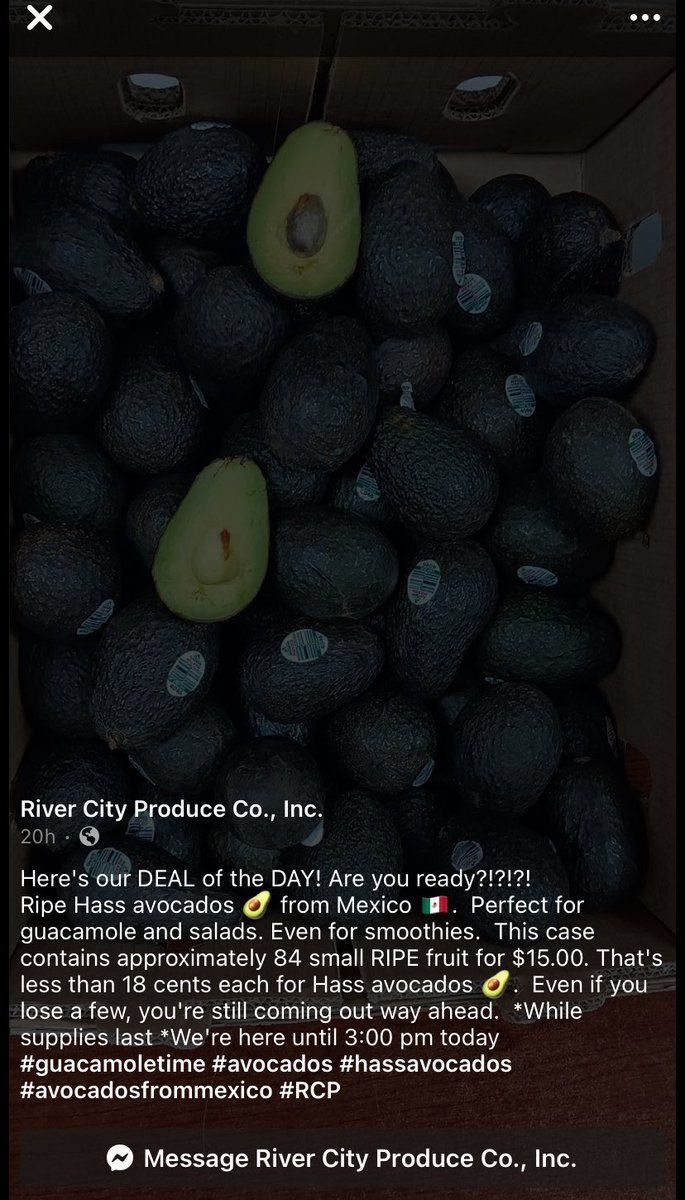 ArmyWivesClub's tweet photo. @elonmusk You live in Texas…  it’s way more than a few percent.  Just head down to River City Produce on 35 in San Antonio exit produce terminal. 

Now they may be making a few percent. 

But you grocery chains are making way more. Just compare the prices. 

I need some more Avocados. https://t.co/0vRrLw9BW0