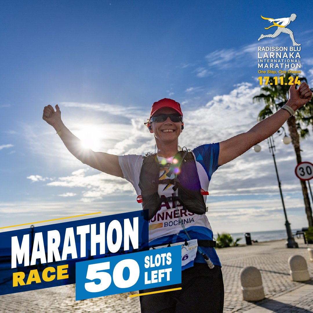 50 slots left, 50 chances to write #LarnakaRun history!

Only a few spots remaining for the Marathon Race! So, you better act fast! 

Register today at bit.ly/larnakarun2024 and become part of the biggest sports celebration!

#LarnakaRun #KeepUpTheTraining