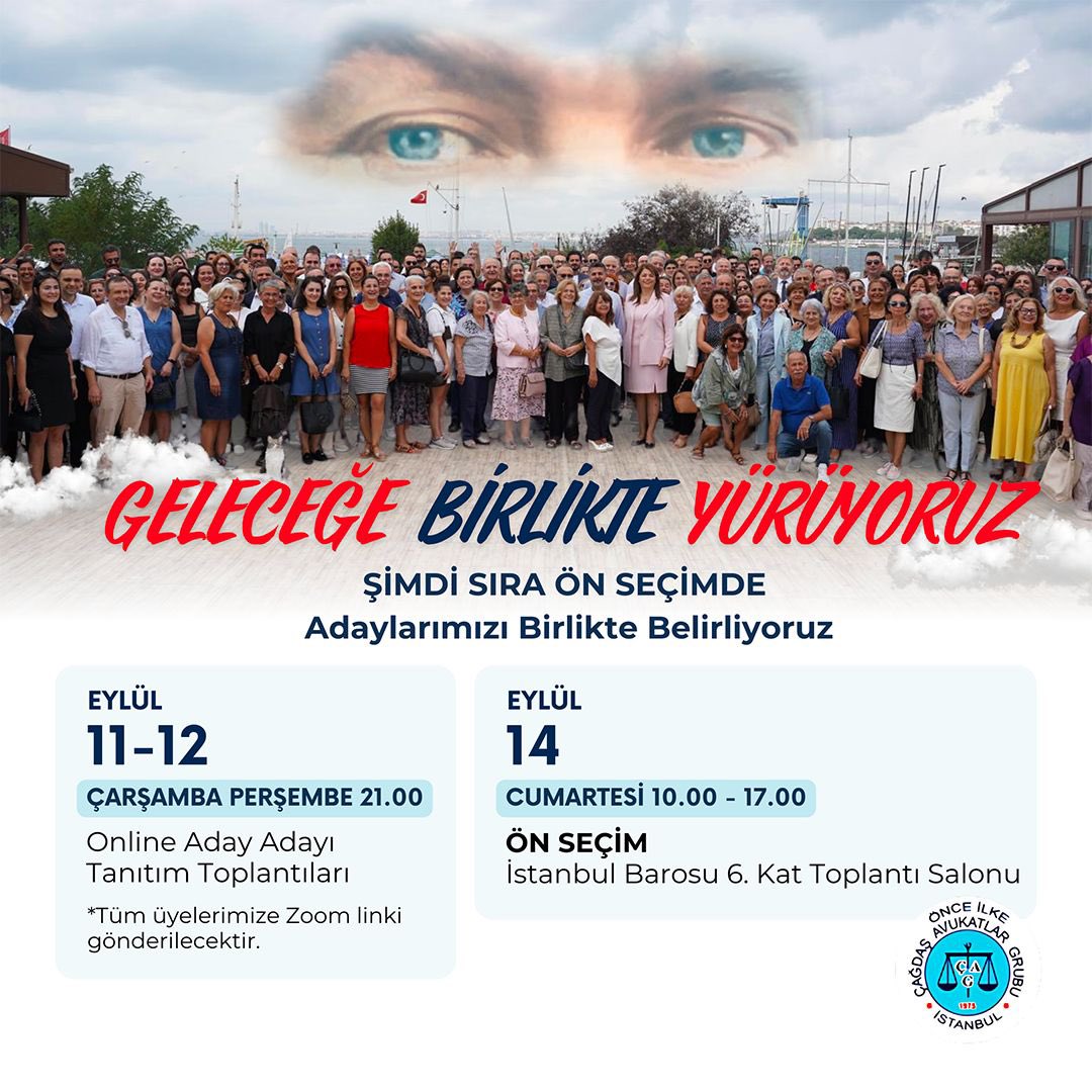 Sayın Meslektaşlarımız,

19-20 Ekim 2024 tarihlerinde yapılacak Baro Genel Kurulu’nda grubumuz adına seçime katılacak Başkan, Yönetim Kurulu, Disiplin Kurulu ve Denetleme Kurulu aday adaylığı başvuruları tamamlanmıştır.

Aday ön seçimi 14 Eylül 2024 Cumartesi günü 10.00 - 17.00