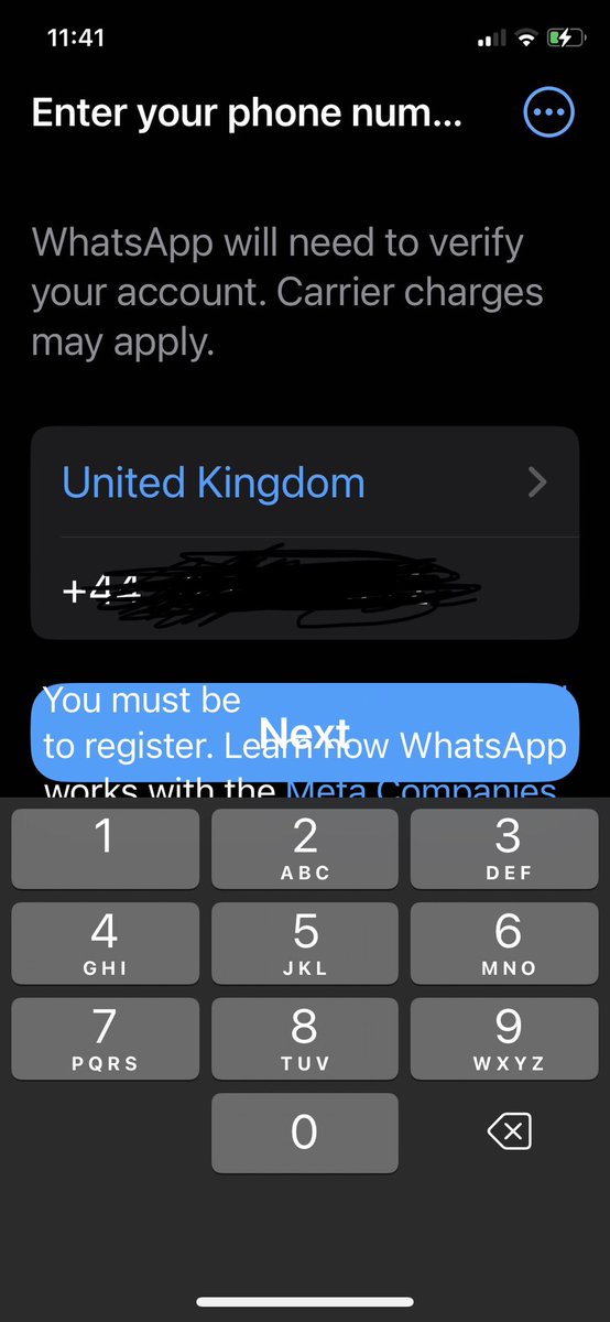 amywamyk's tweet photo. @WhatsApp got kicked off my whatsapp for no clear reason. Now allowed back on but can’t click the next button. No way to report this! https://t.co/DjCt2mfeok