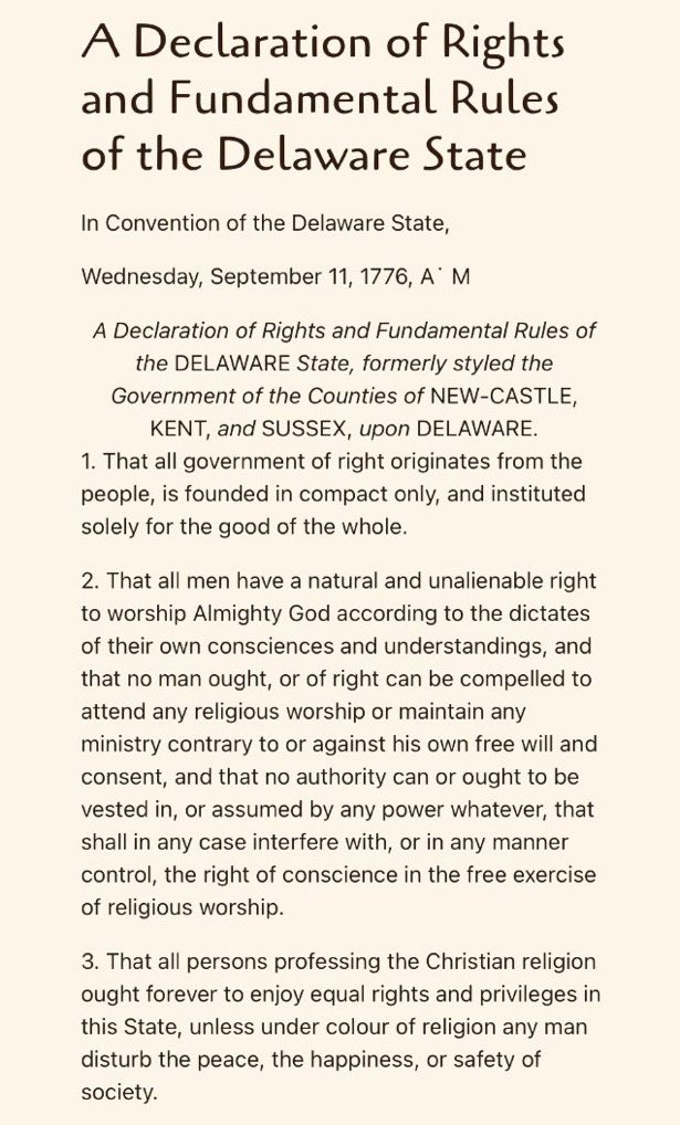 d3bach's tweet photo. 11 September 1776: “That all Men have a natural and unalienable Right to worship Almighty God according to the Dictates of their own Consciences and Understandings.…” Declaration of Rights and Fundamental Rules of the #Delaware State, § 2.
#RightsOfConscience https://t.co/1zrjSxOPls