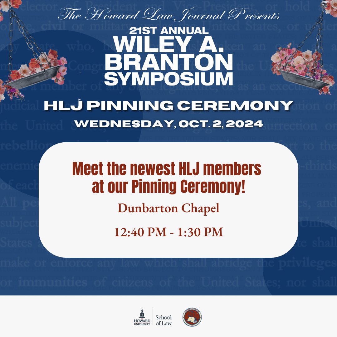 📅 Mark your calendars for the Howard Law Journal Pinning Ceremony on October 2, 2024 from 12:40-1:30 PM in Dunbarton Chapel. We will honor and introduce the newest members of the HLJ. Come meet these bright scholars and celebrate their achievement. #BrantonWeek2024