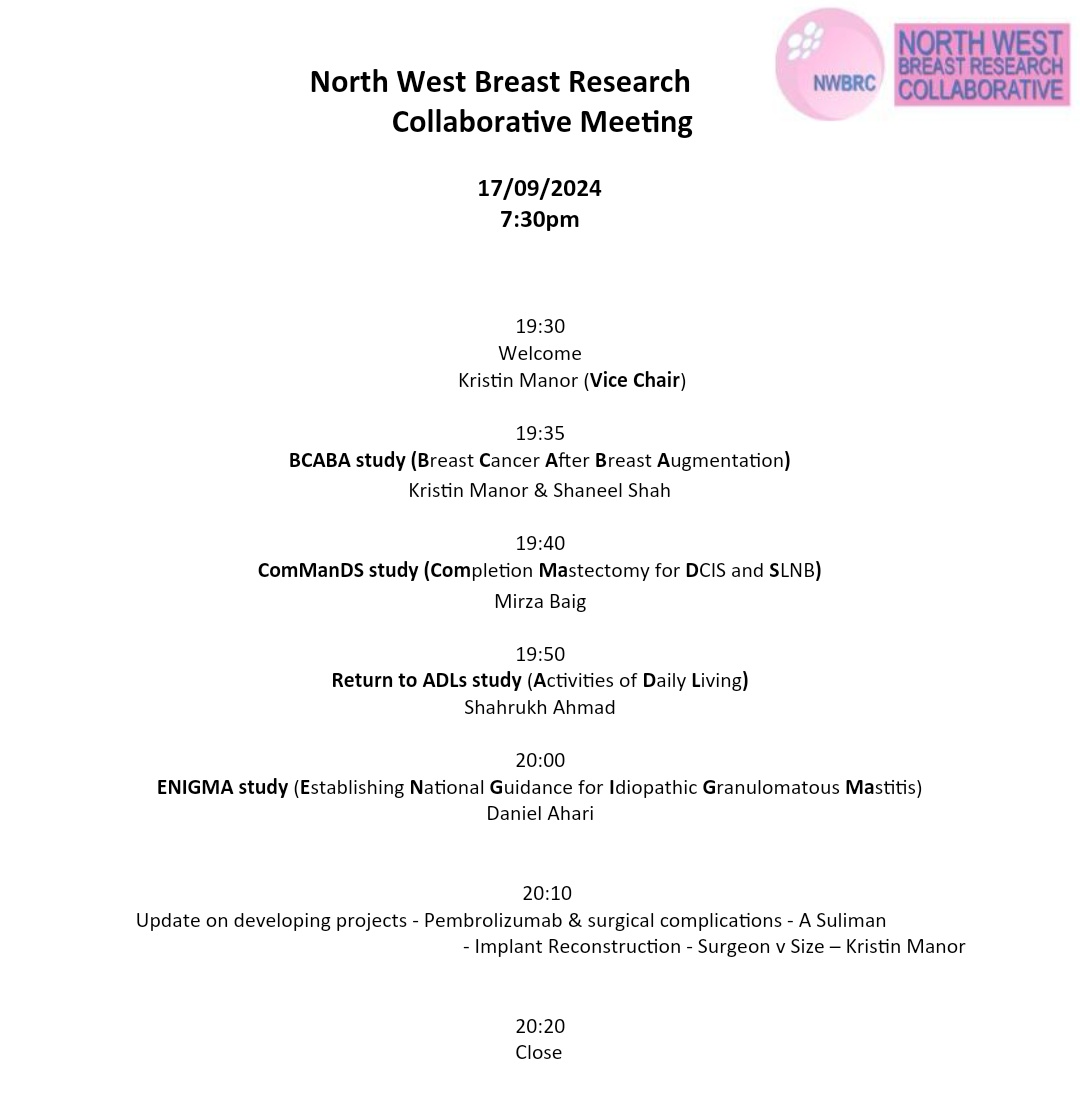 North West Breast Research Collaborative (@nwbtrc) on Twitter photo The NWBTRC meeting will take place virtually at 7.30pm on Tuesday 17th September. Please see the agenda below. The meeting link will be shared this week. To gain access please email nwbtrc@gmail.com The NWBTRC meeting will take place virtually at 7.30pm on Tuesday 17th September. Please see the agenda below. The meeting link will be shared this week. To gain access please email nwbtrc@gmail.com