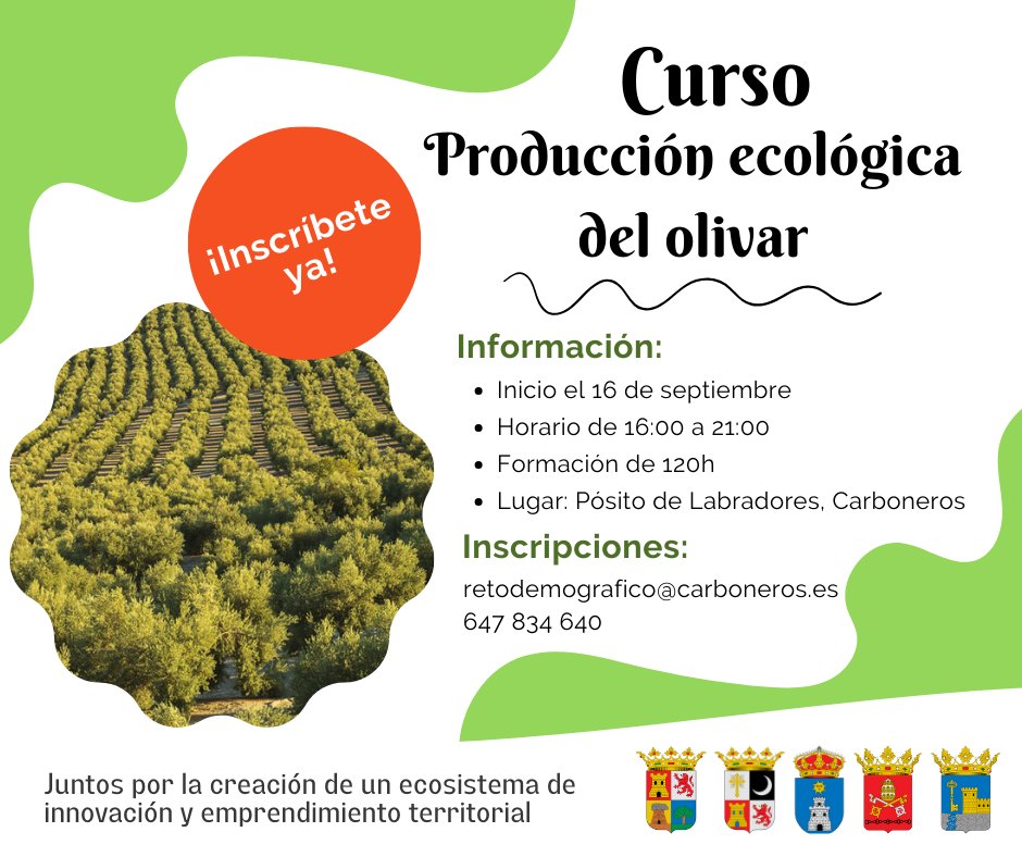 📌📌 ¡Próximo Taller de Producción Ecológica del Olivar! Inscríbete en: retodemografico@carboneros.es
647 834 640 #RetoDemográfico #FormaciónGratuita #DesarrolloRural <a href="/AndaluciaVuela/">Andalucía Vuela</a> <a href="/santaelenajaen/">Santa Elena</a>