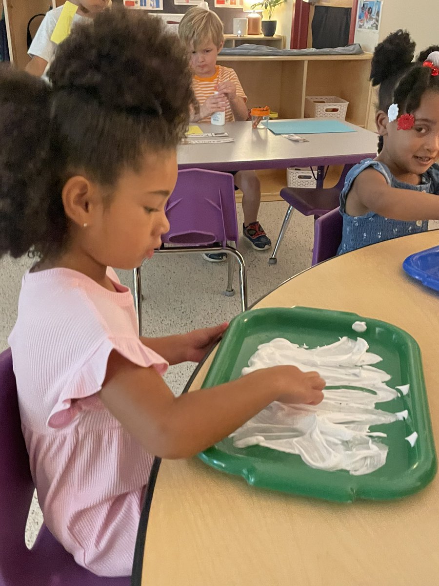 GernerCenter's tweet image. Students in Mrs. Rash’s classroom practice their letters with shaving cream. They made the straight lines down and across to make the letter T. What a great day!