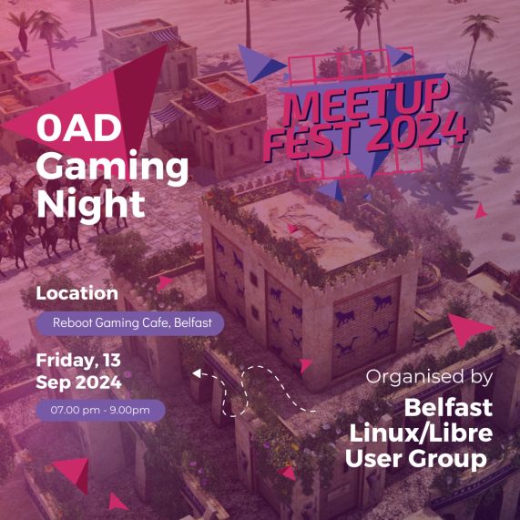 Happy Wednesday Folks! Here's your midweek #MeetupFest reminder 📢

This Friday compete in a 0AD tournament hosted by BLUG at the new Reboot Gaming Cafe on the Lisburn Road 🎮

🗓️ Friday 13th September 
⏰ 7pm - 9pm
📍 Reboot Gaming Cafe, 92-96 Lisburn Road