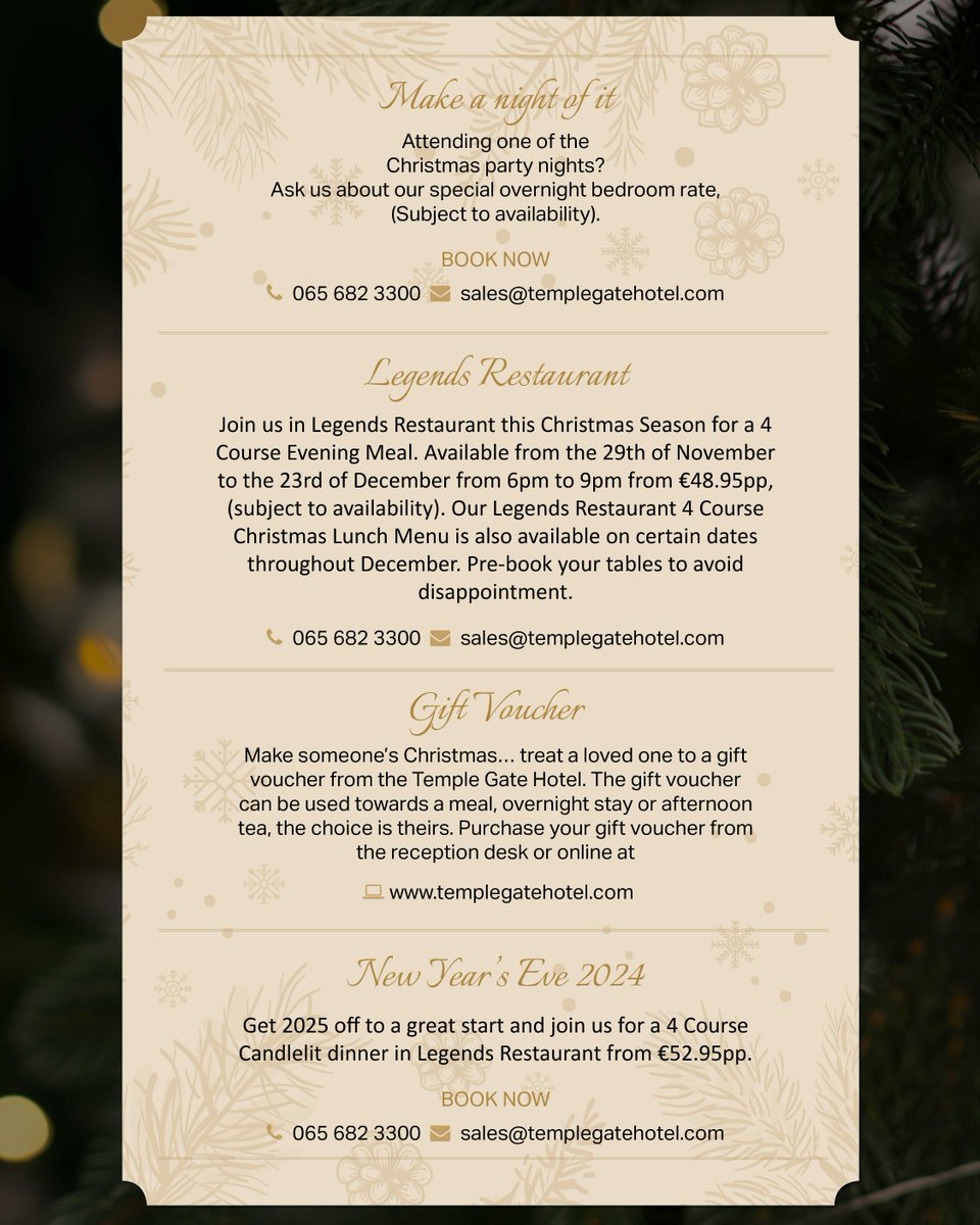 Are you looking for a venue for your Christmas Party Night, then look no further than the Temple Gate Hotel. 

We currently have availability for the 6th, 7th, 13th, 14th, 20th / 21st December 2024 for our Great Hall Party Night. 

Email enquiries to sales@templegatehotel.com