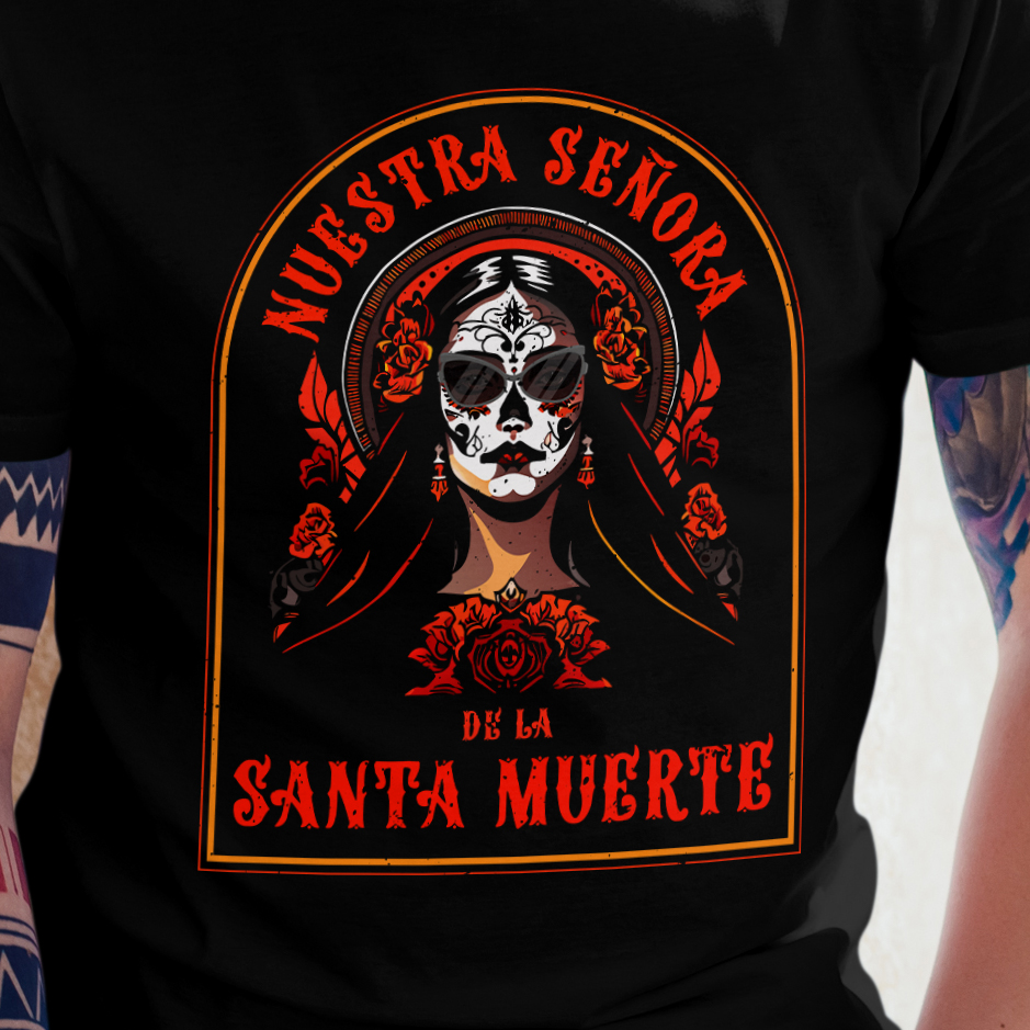 Our Lady of Santa Muerte in her slightly more modernized version but she can always count on our total and absolute devotion. Available in t-shirts, hooded sweatshirts, long sleeve, etc.  #santamuerte #chicanostyle #newmexicoartist #kustomkultureart #nmex