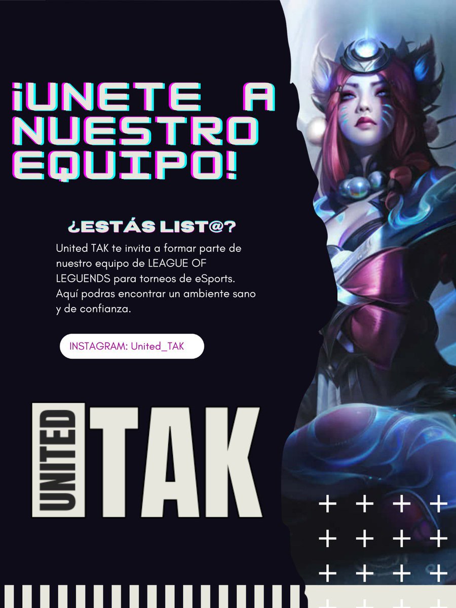 UnitedTAK's tweet photo. United TAK esta en busqueda de jugadores para un equipo competitvo de LOL, no importa el rango en el que estén, juntos vamos a hacer que esto crezca porque en UNITED TAK ¡JUNTAMOS A LOS GRANDES!

Mándanos MD por este medio para más info

#UnitedTAK #leagueoflegends #esports https://t.co/hF3mvD3CWG